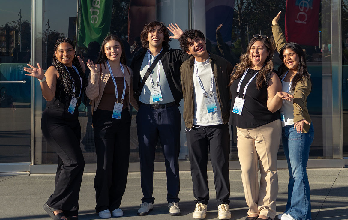 Six LEAD Scholars pose at the Canva Create conference in Los Angeles.